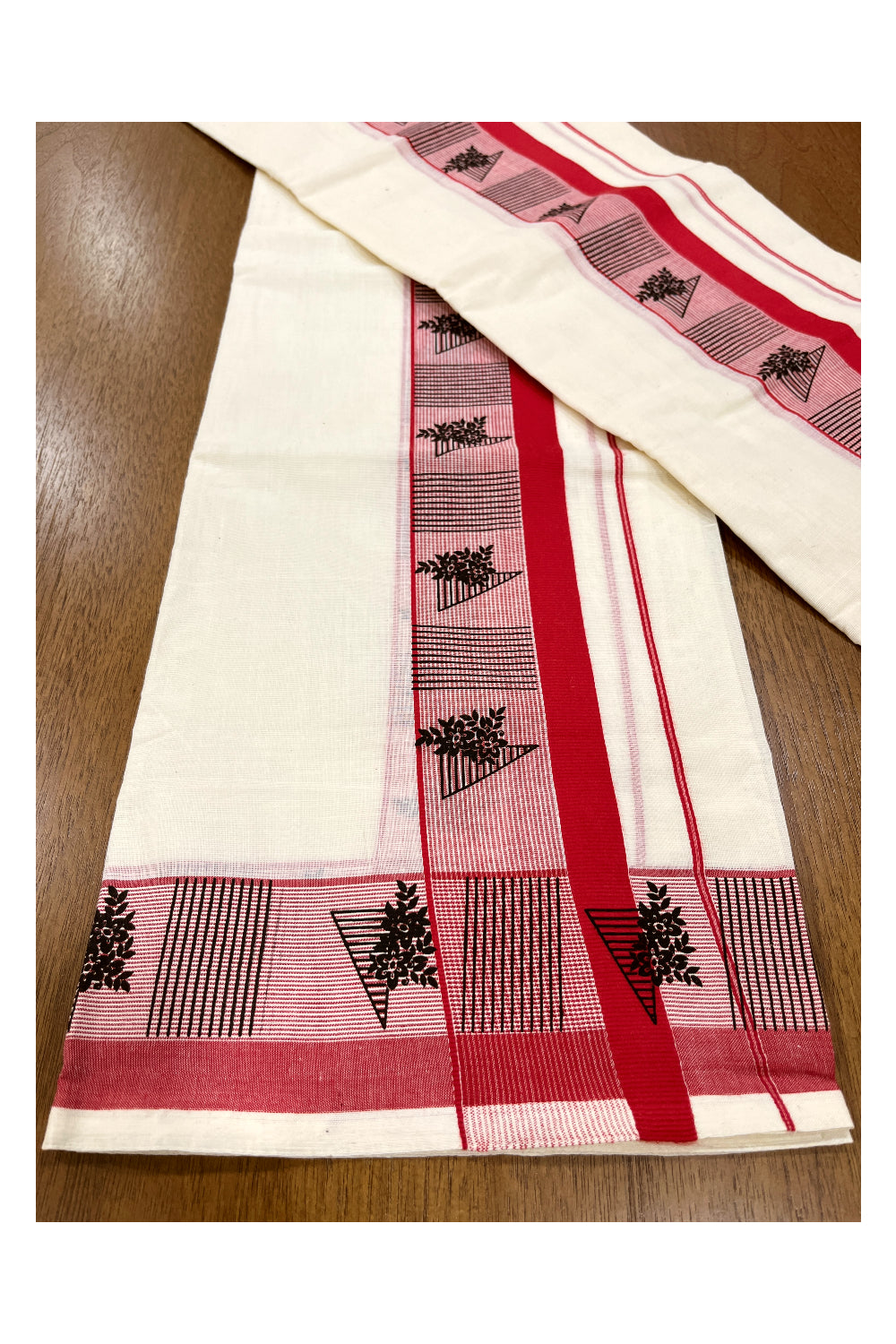 Kerala Cotton Set Mundu (Mundum Neriyathum) with Block Prints on Red Border