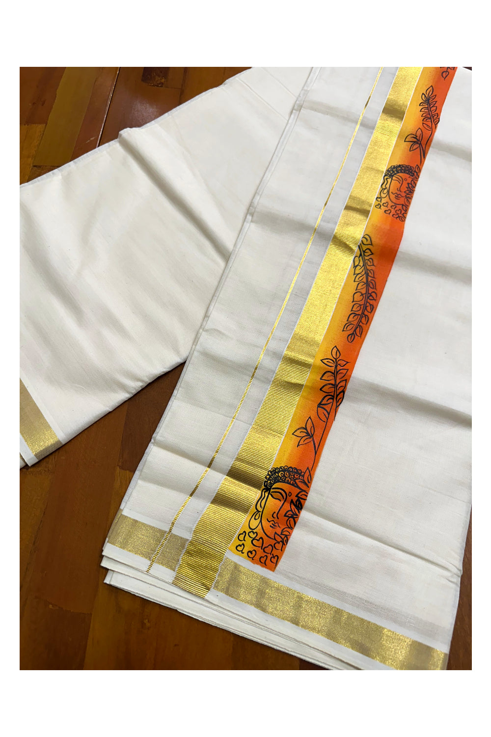 Kerala Pure Cotton Double Mundu with Hand Painted Designs on Kasavu Border(South Indian Kerala Dhoti)