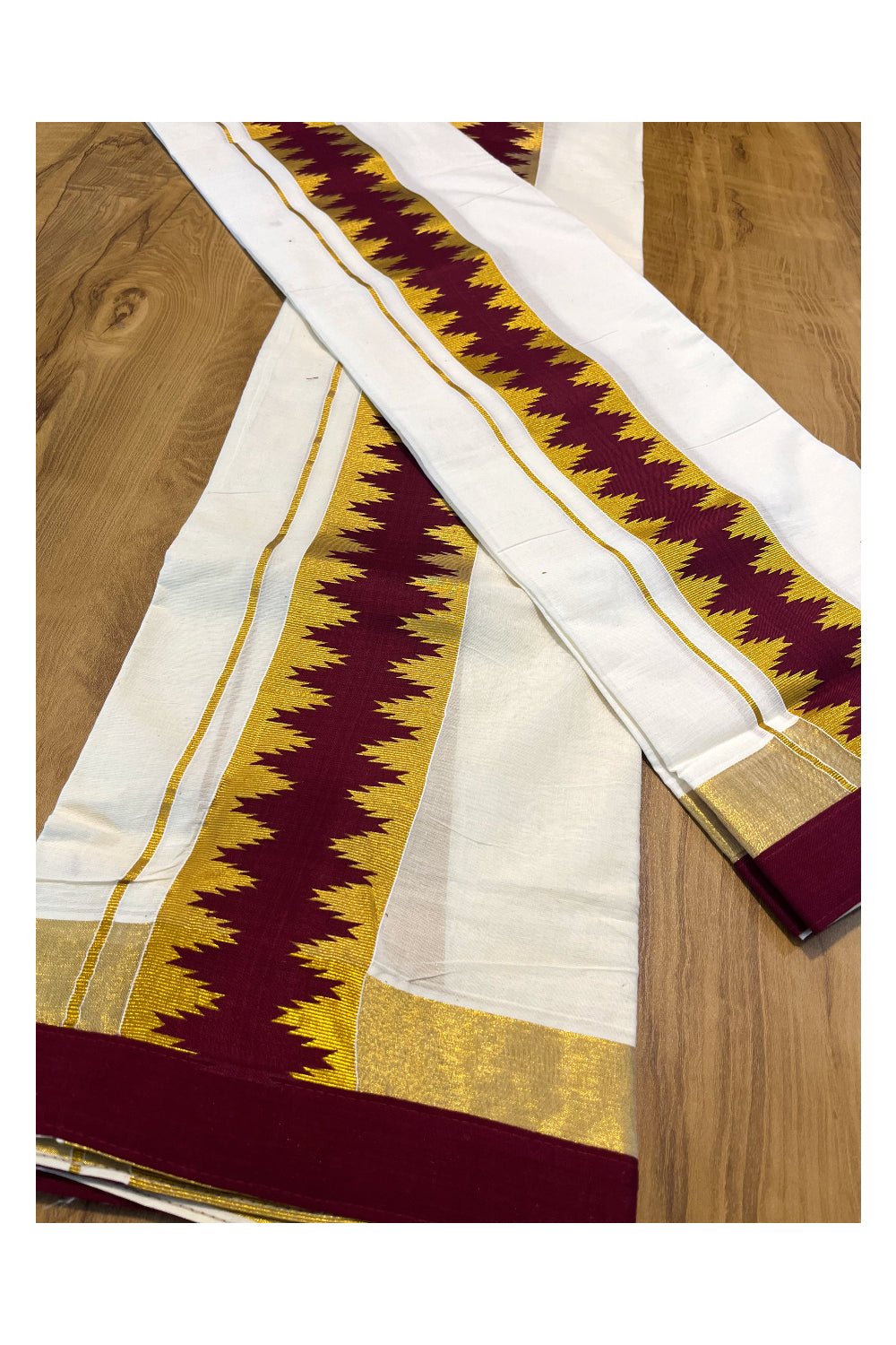 Kerala Cotton Single Set Mundu (Mundum Neriyathum) with Kasav Maroon Temple Applique Work Border 2.80Mtrs