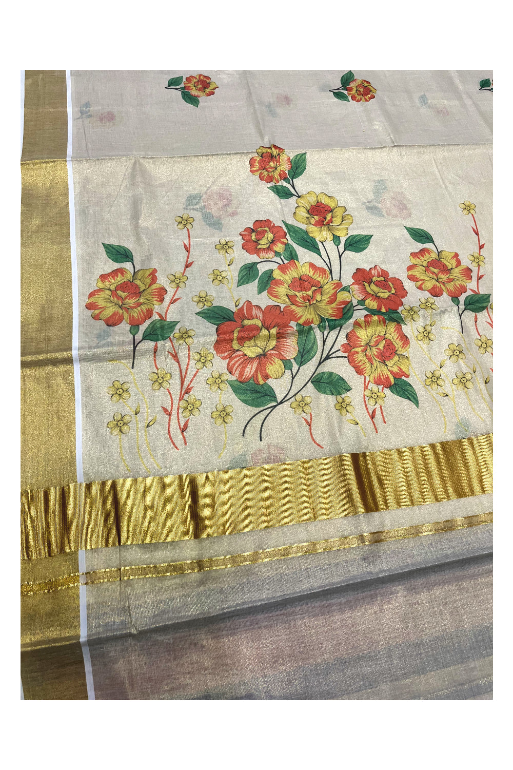 Kerala Tissue Kasavu Saree with Red And Yellow Floral Prints on Body (Vishu 2024 Collection)