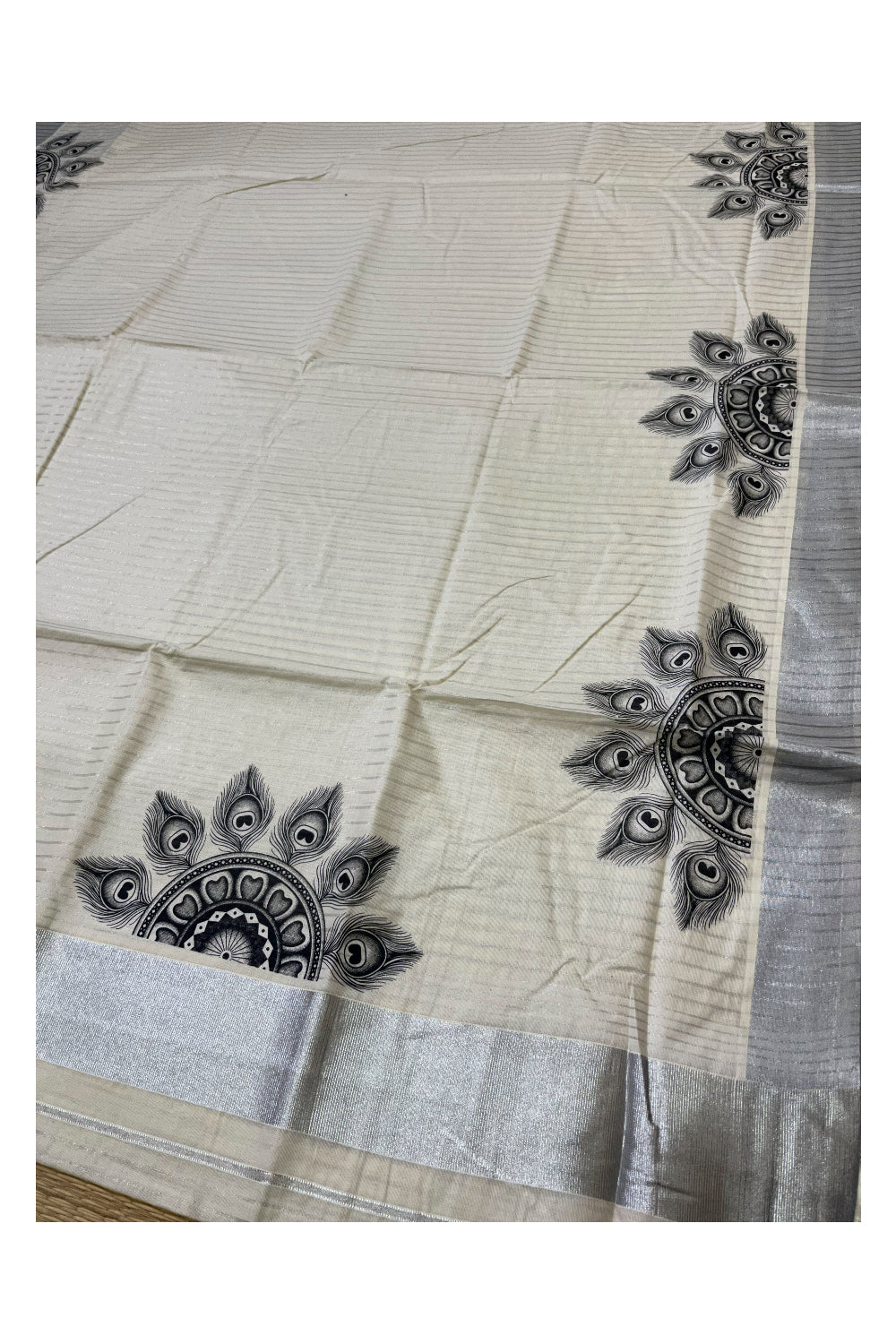 Pure Cotton Kerala Silver Kasavu Lines Design Saree with Semi Circle Feather Mural Prints (Onam Saree 2023)