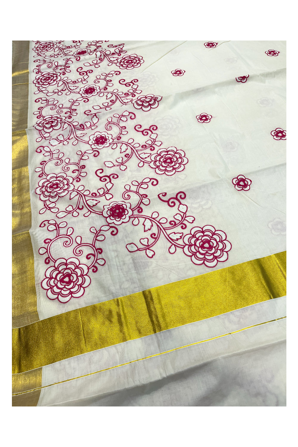 Southloom Kerala Cotton Kasavu Saree with Pink and White Floral Embroidery Designs