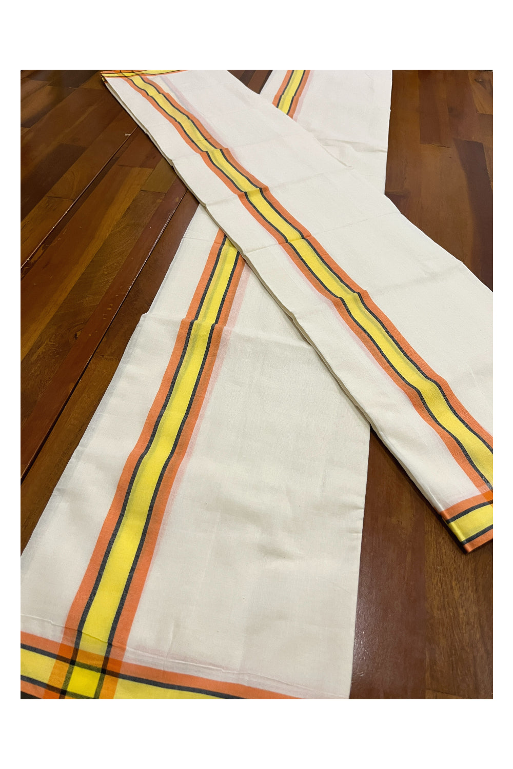 Kerala Cotton Mulloth Single Set Mundu (Mundum Neriyathum) with Yellow and Orange Border (Extra Soft Cotton)