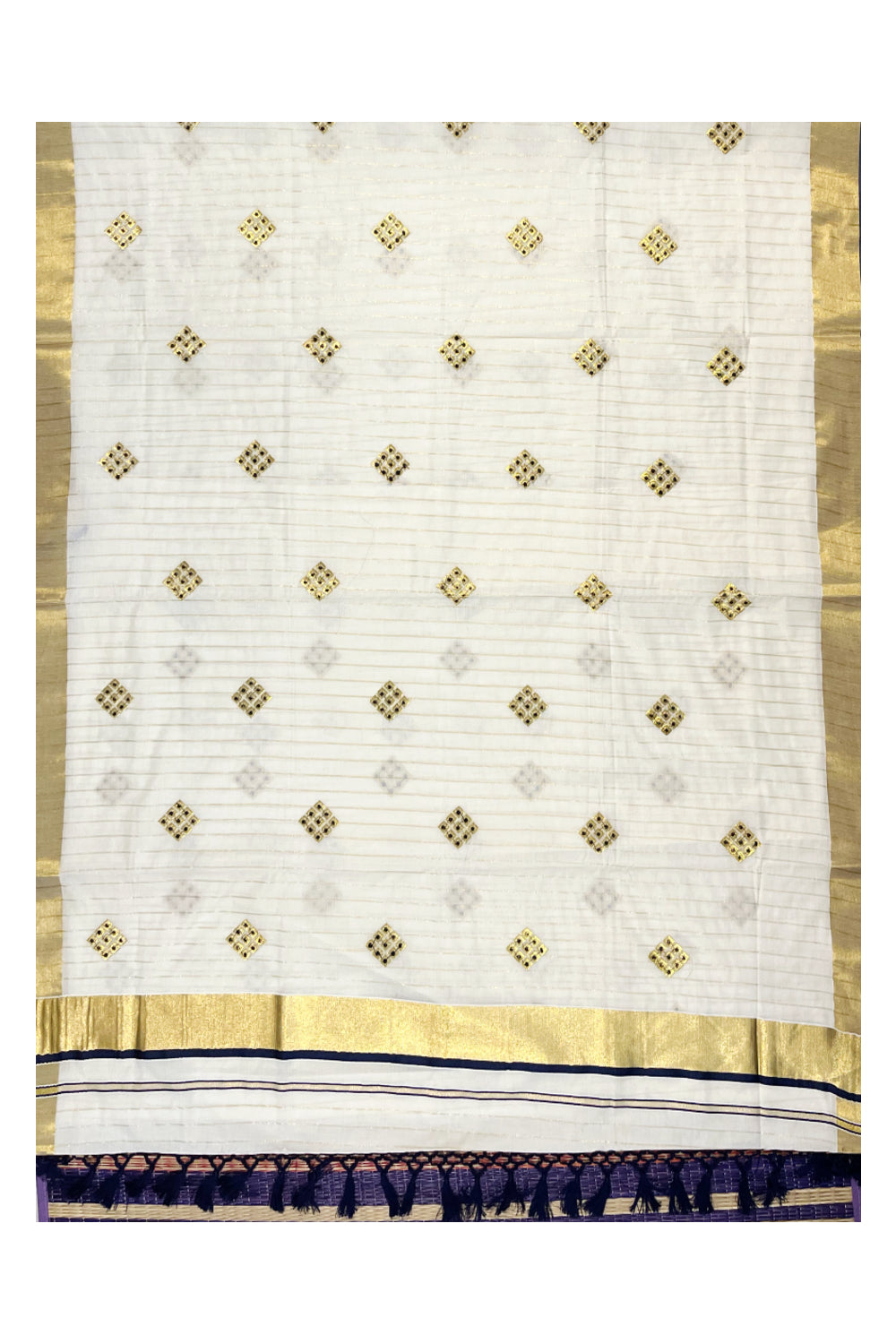 Kerala Cotton Kasavu Stripes Saree with Blue Floral Embroidery Design on Body