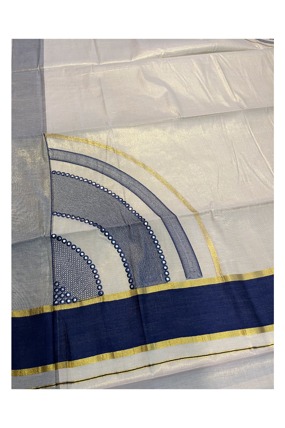 Southloom Kerala Tissue Kasavu Saree with Blue Mirror Work