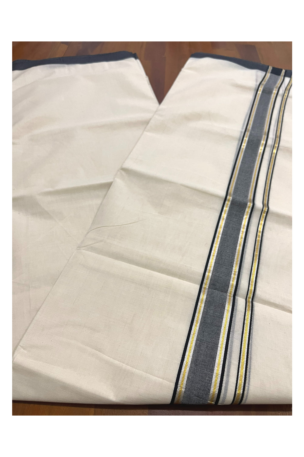 Pure Cotton 100x100 Double Mundu with Silver Golden Kasavu and Black Kara (Onam Mundu 2023)