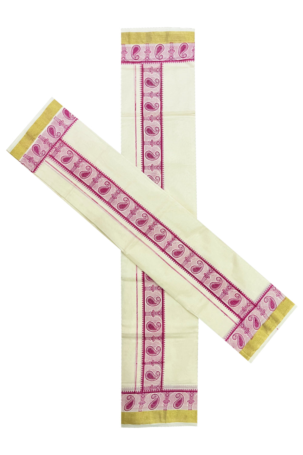 Kerala Pure Cotton Single Set Mundu with Pink Paisley Block Printed Border
