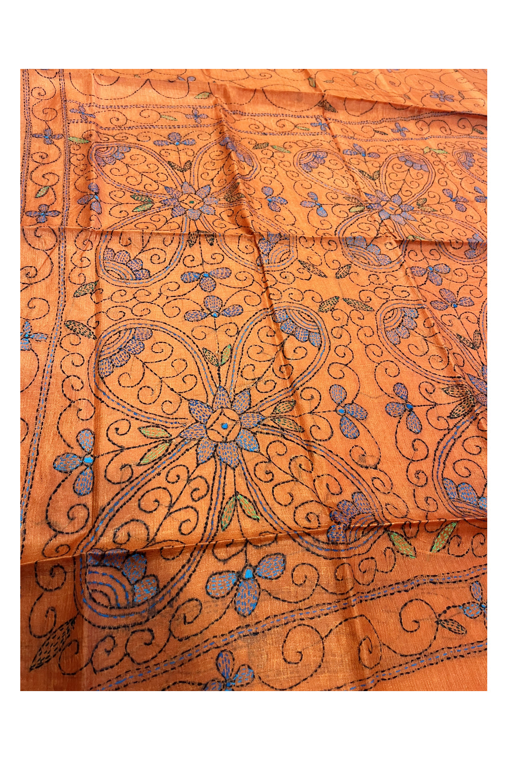 Southloom Kantha Thread Work Designer Orange Saree