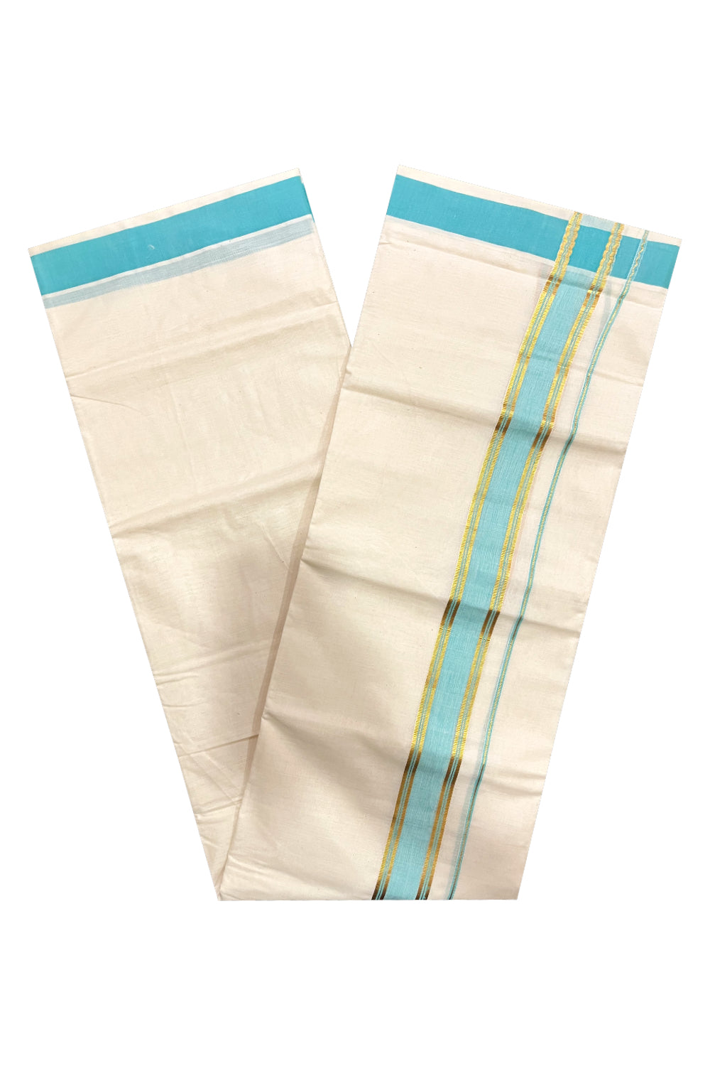 Kerala Pure Cotton Double Mundu with Turquoise and Kasavu Border (South Indian Kerala Dhoti)