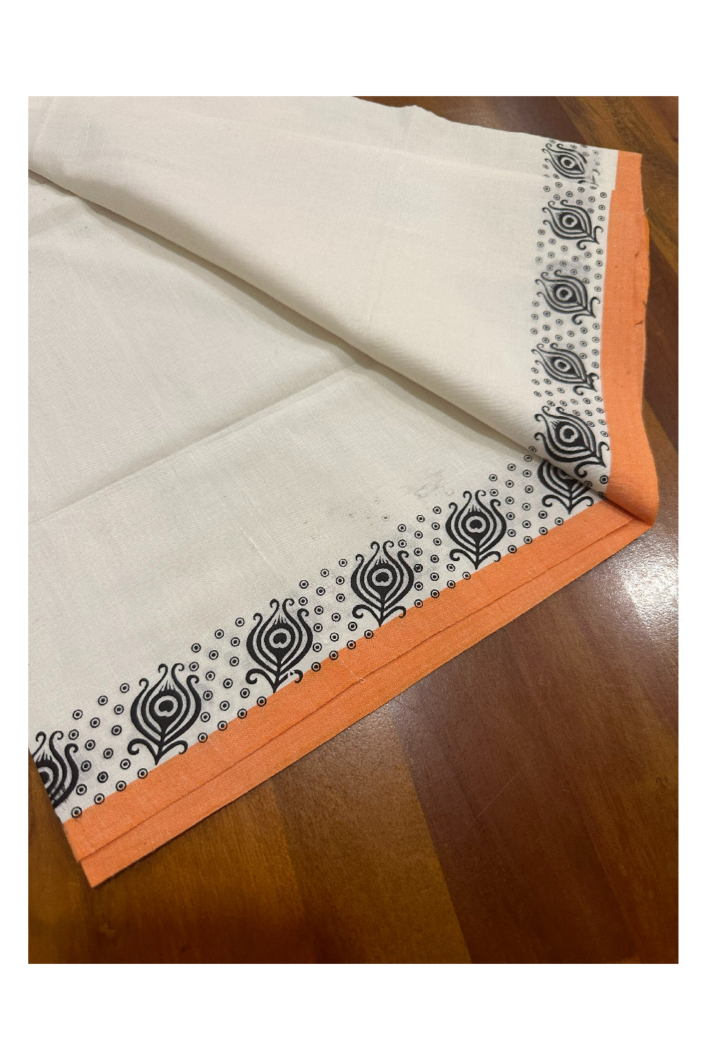 Kerala Cotton Set Mundu (Mundum Neriyathum) with Block Prints on Orange Border (Onam Set Mundu 2023)