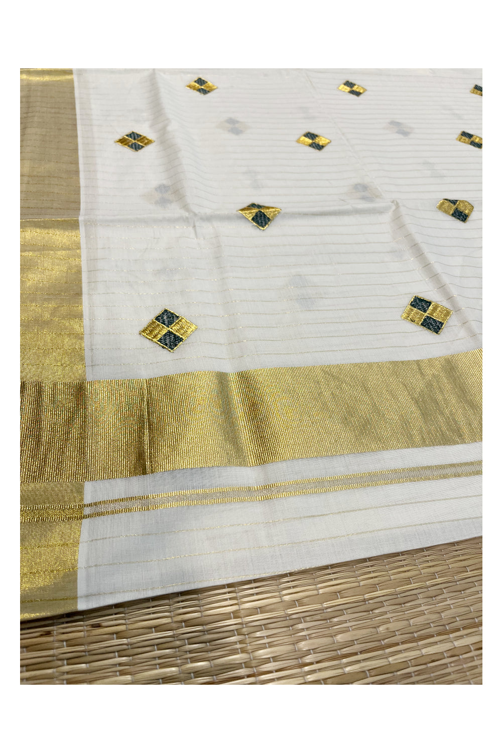 Kerala Cotton Kasavu Lines Saree with Green and Golden Diagonal Embroidery Work