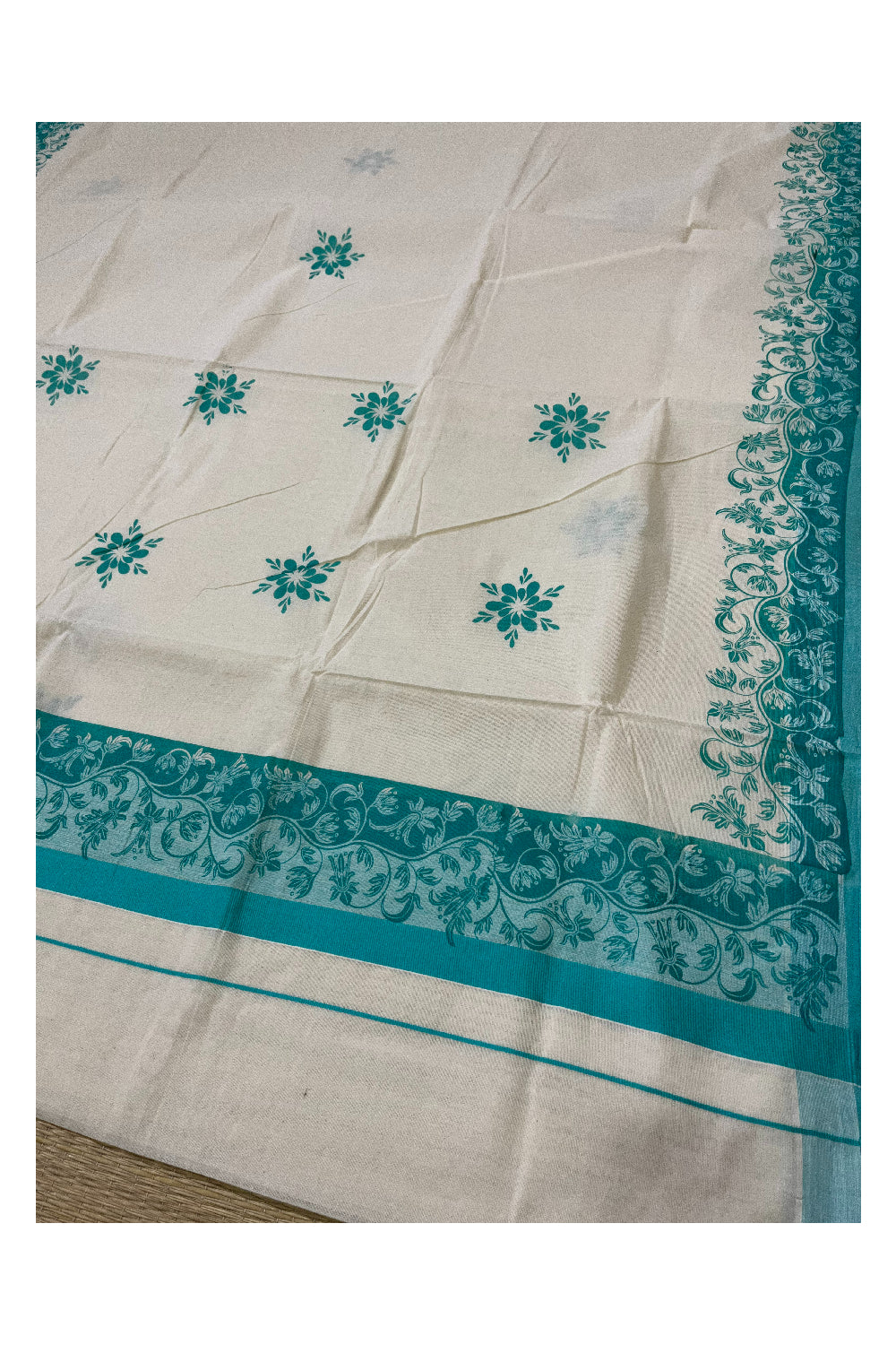 Kerala Cotton Saree with Turquoise Floral Block Prints on Border (Onam Saree 2023)