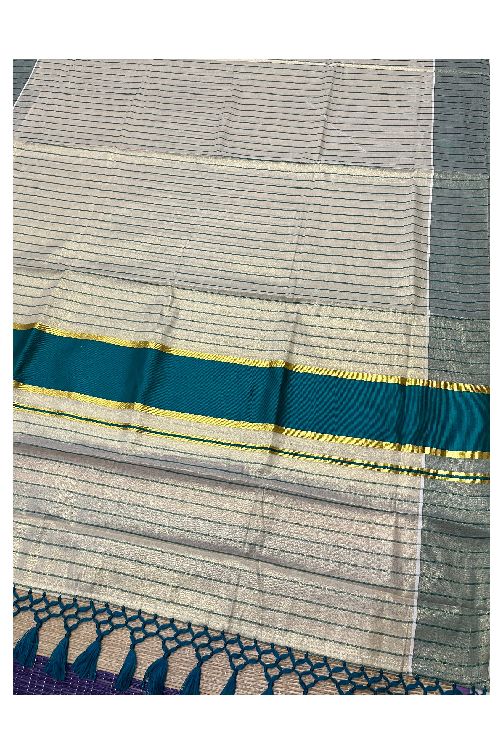 Kerala Tissue Green Striped Saree with Kasavu Border and Tassels Works (Vishu 2024 Collection)