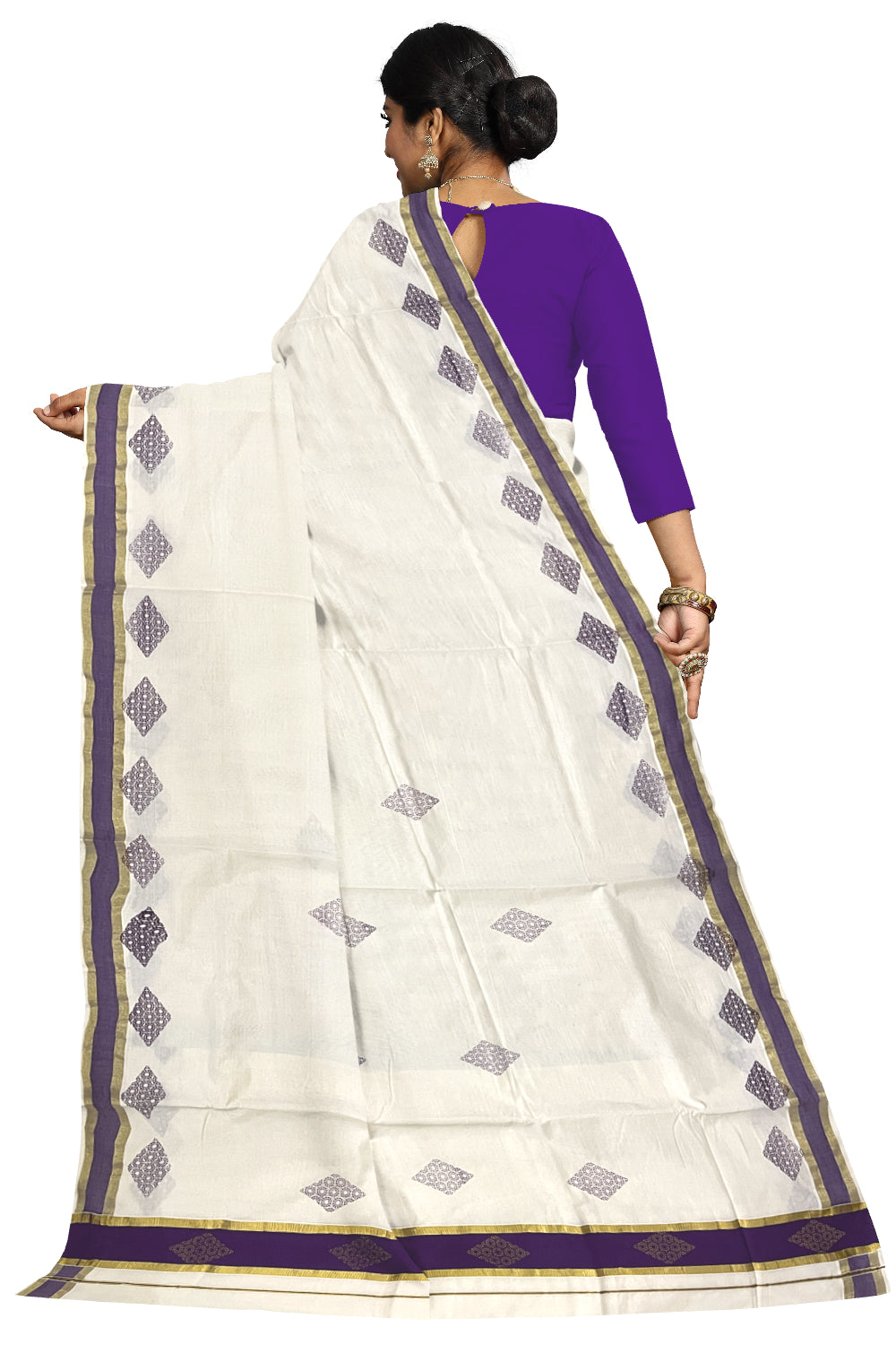 Pure Cotton Kerala Saree with Violet Block Prints and Kasavu Border