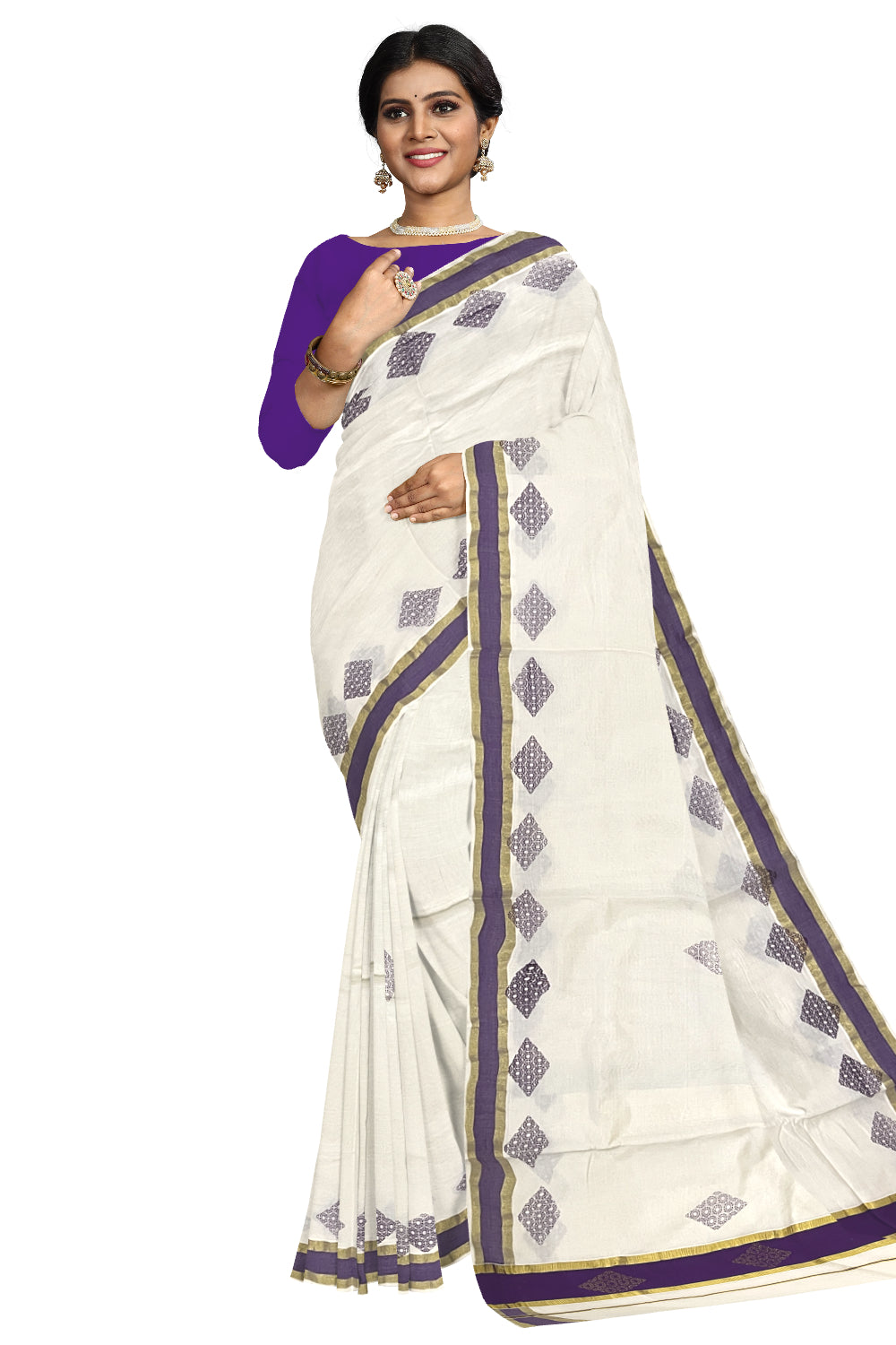 Pure Cotton Kerala Saree with Violet Block Prints and Kasavu Border