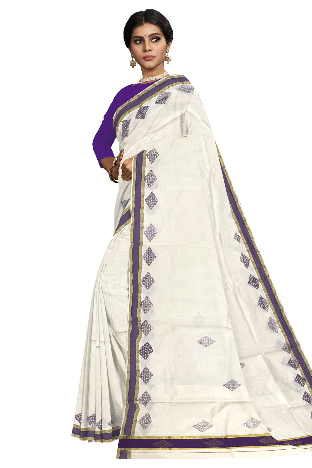 Pure Cotton Kerala Saree with Violet Block Prints and Kasavu Border