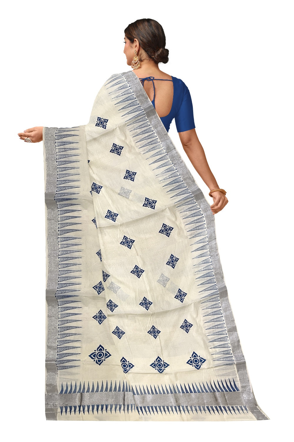 Pure Cotton Kerala Saree with Blue Temple Block Prints and Silver Kasavu Border (Onam Saree 2023)