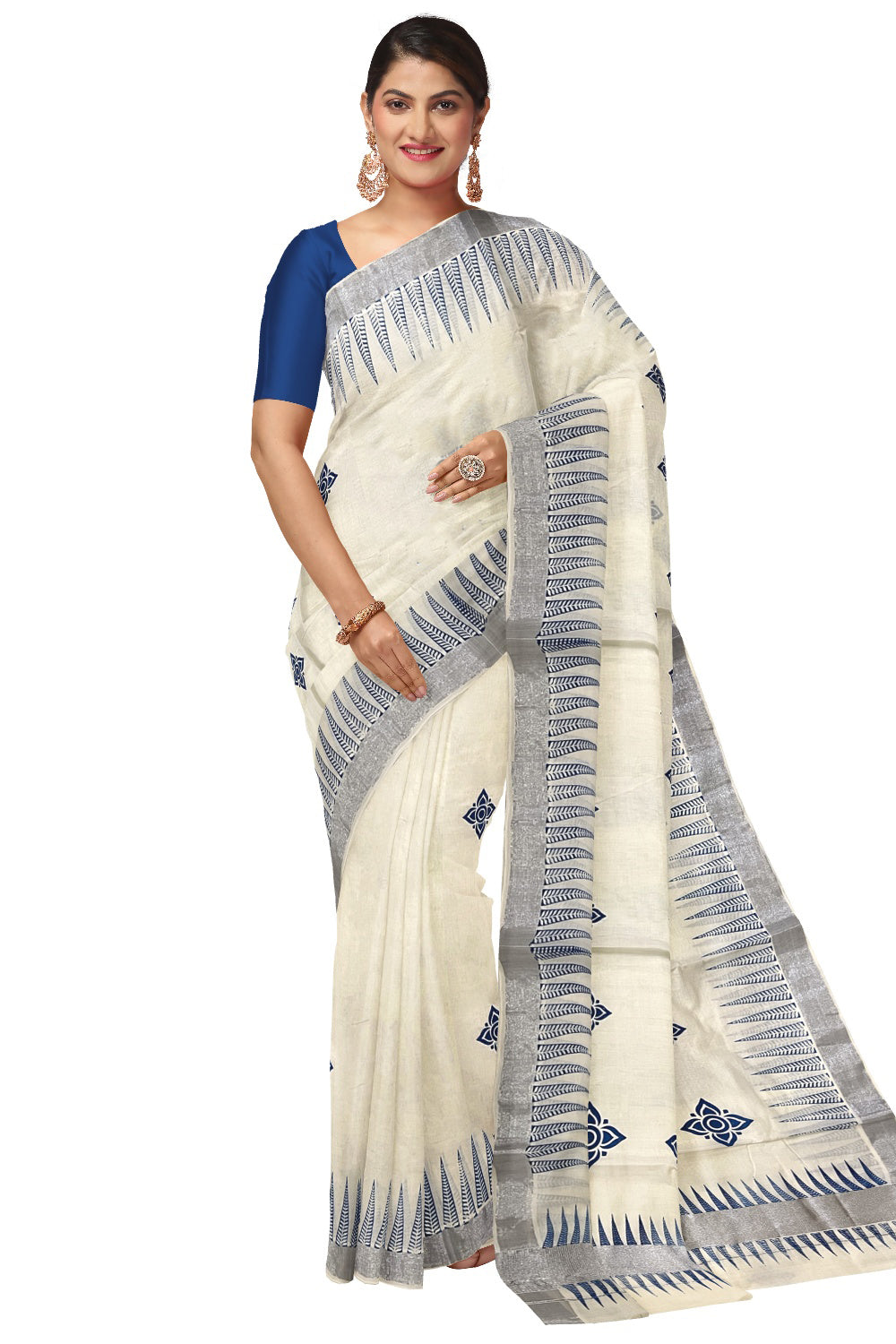 Pure Cotton Kerala Saree with Blue Temple Block Prints and Silver Kasavu Border (Onam Saree 2023)