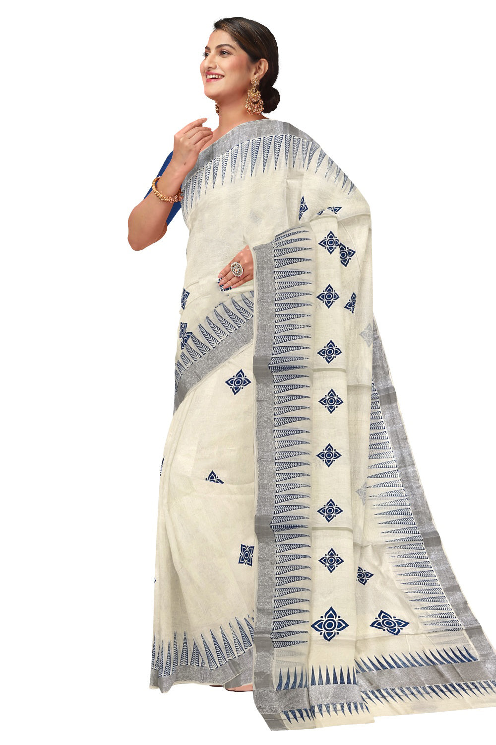 Pure Cotton Kerala Saree with Blue Temple Block Prints and Silver Kasavu Border (Onam Saree 2023)