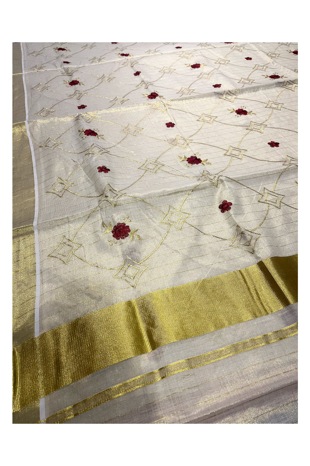 Kerala Tissue Kasavu Stripes Saree with Maroon Floral Embroidery Design on Body