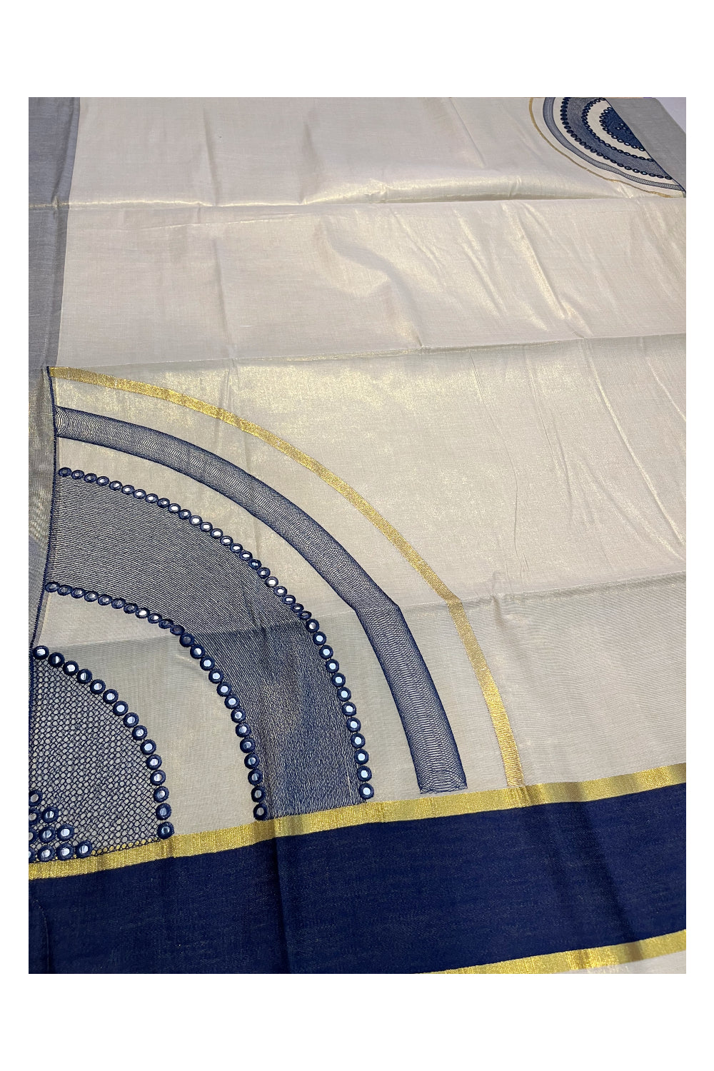 Southloom Kerala Tissue Kasavu Saree with Blue Mirror Work