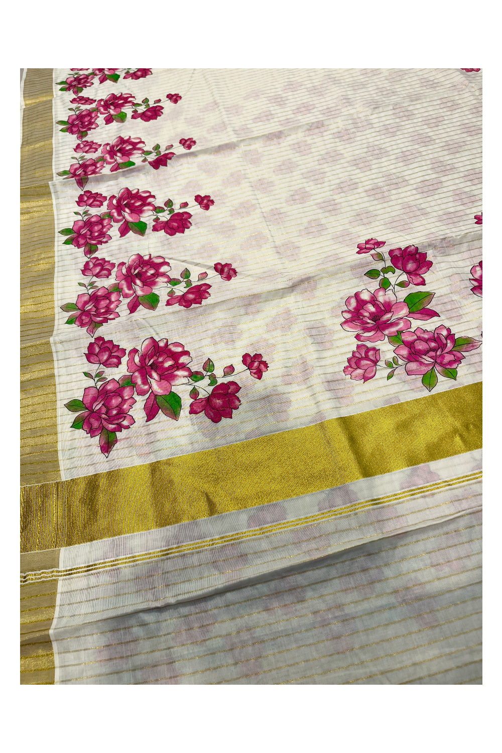 Kerala Pure Cotton Kasavu Lines Saree With Pink Floral Works on Border