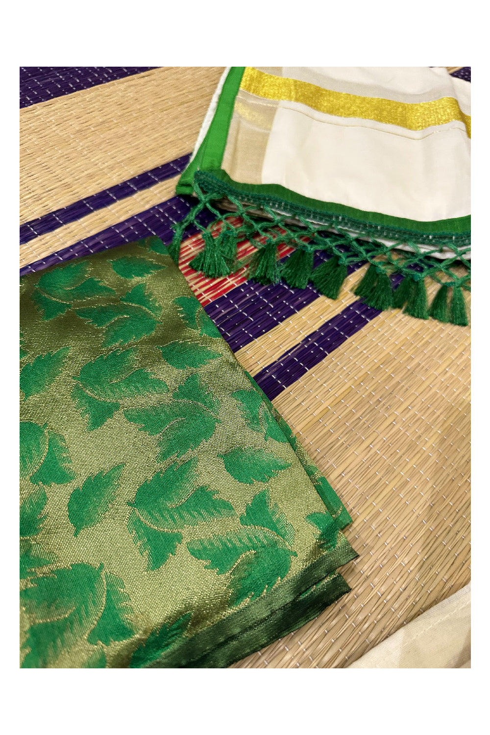 Semi Stitched Dhavani Set with Cotton Pavada and Light Green Woven Work Blouse Piece