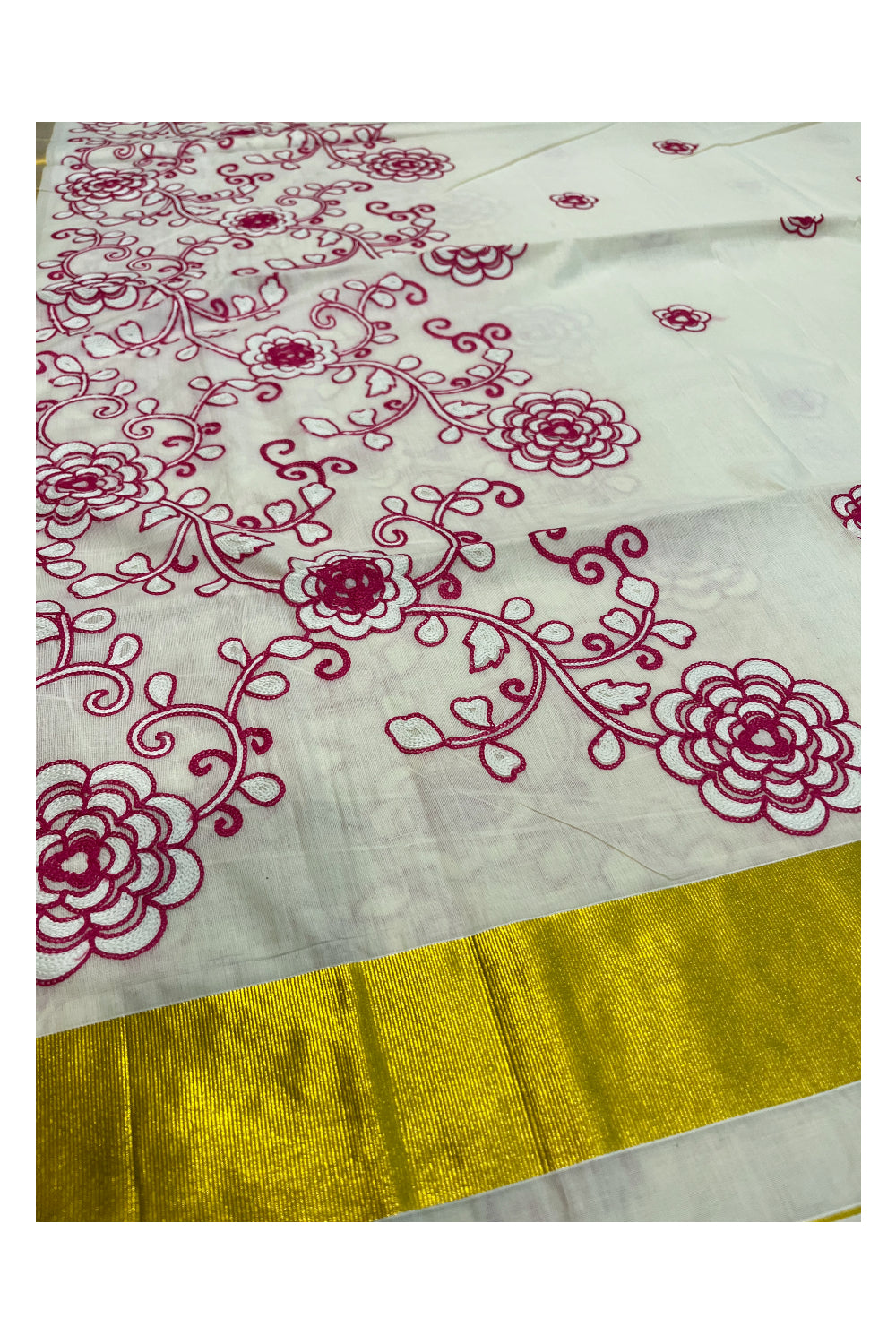 Southloom Kerala Cotton Kasavu Saree with Pink and White Floral Embroidery Designs