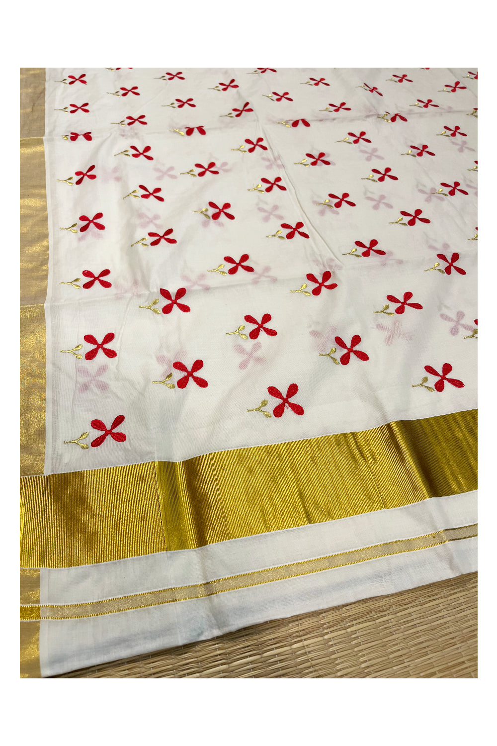 Pure Cotton Kerala Kasavu Saree with Red Floral Embroidery Designs