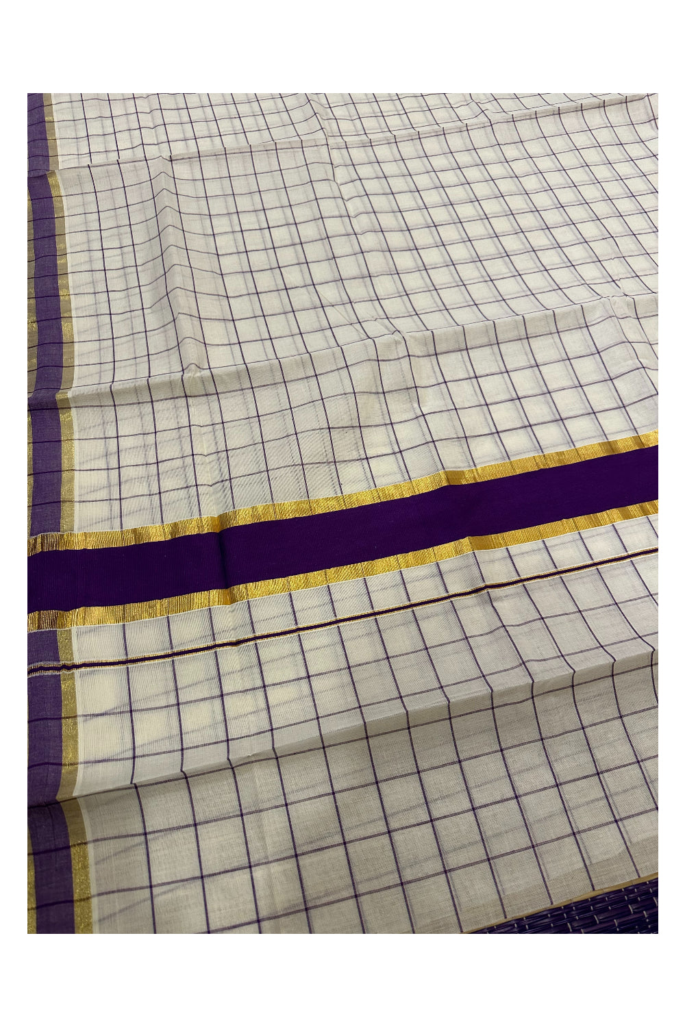 Kerala Woven Check Design Saree with Kasavu and Violet Border (Onam Saree 2023)