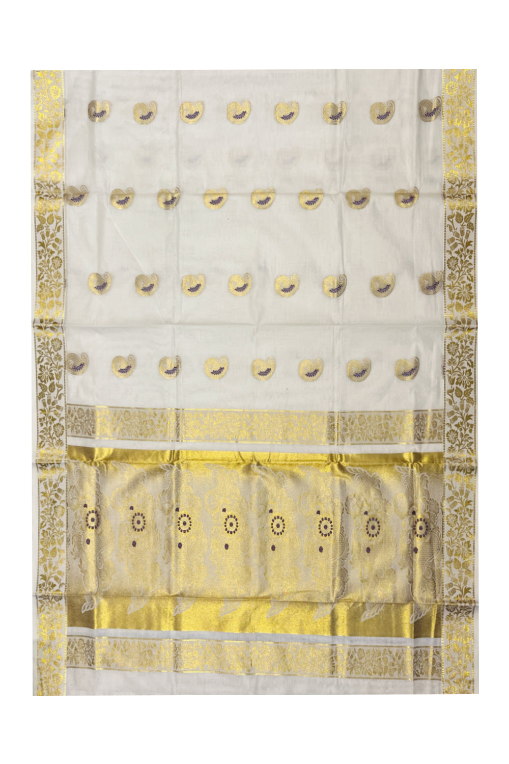 Kerala Cotton Kasavu Saree With Violet and Golden Heavy Woven Works On Body