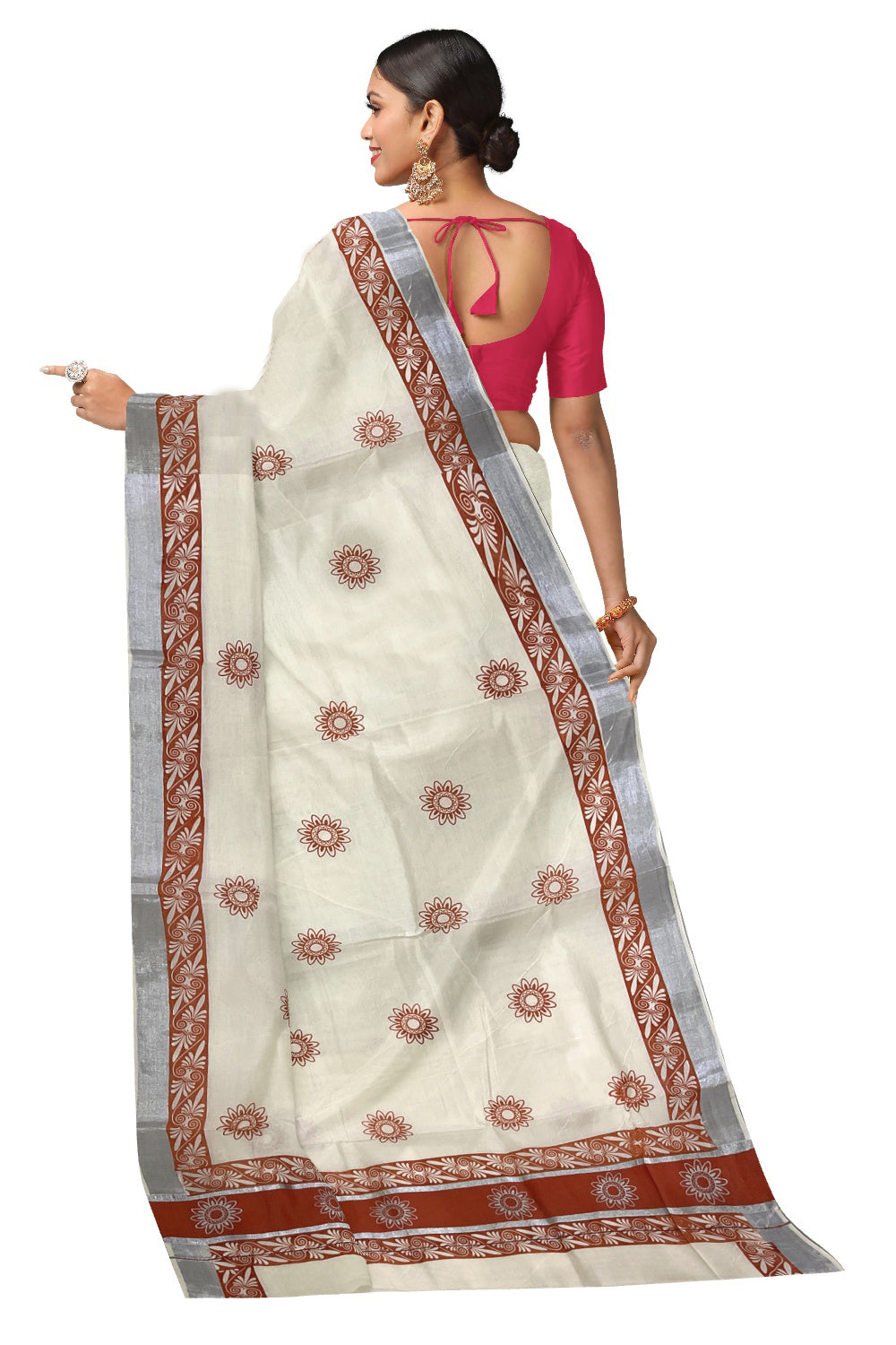 Pure Cotton Kerala Saree with Orange Block Prints and Silver Kasavu Border (Onam Saree 2023)