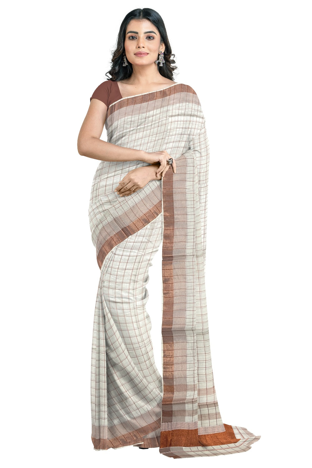 Pure Cotton Kerala Saree with Copper Kasavu Check Designs Across Body