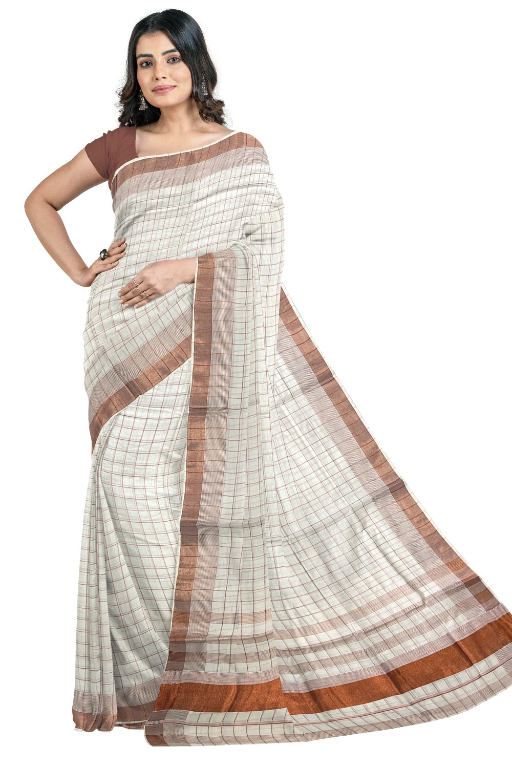 Pure Cotton Kerala Saree with Copper Kasavu Check Designs Across Body