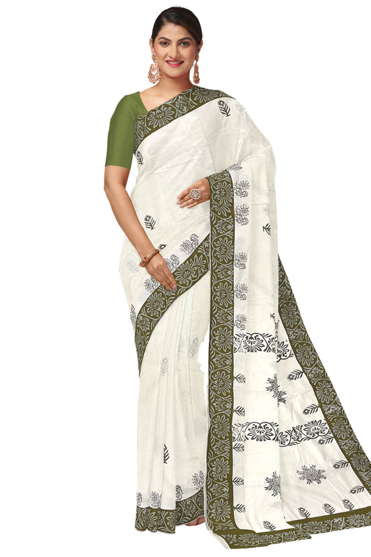 Pure Cotton Onam 2023 Kerala Saree with Hand Block Olive Green Batik Prints