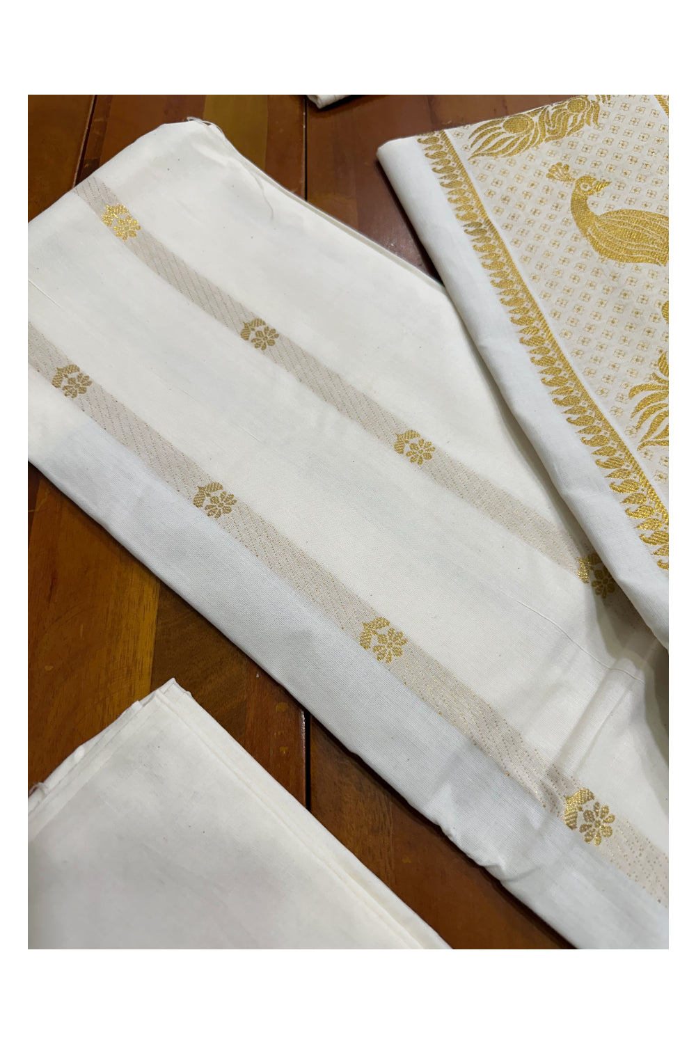 Kerala Cotton Churidar Salwar Material with Kasavu Peacock Woven Design (include Lines Shawl / Dupatta)