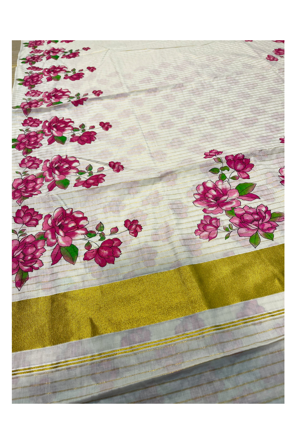 Kerala Pure Cotton Kasavu Lines Saree With Pink Floral Works on Border