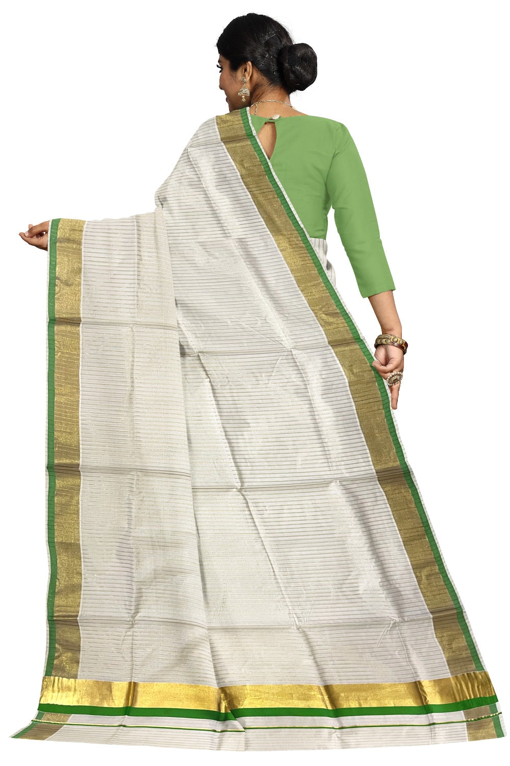 Pure Cotton Kerala Kasavu Lines Design Saree with Light Green Border and Tassels Work (Onam Saree 2023)