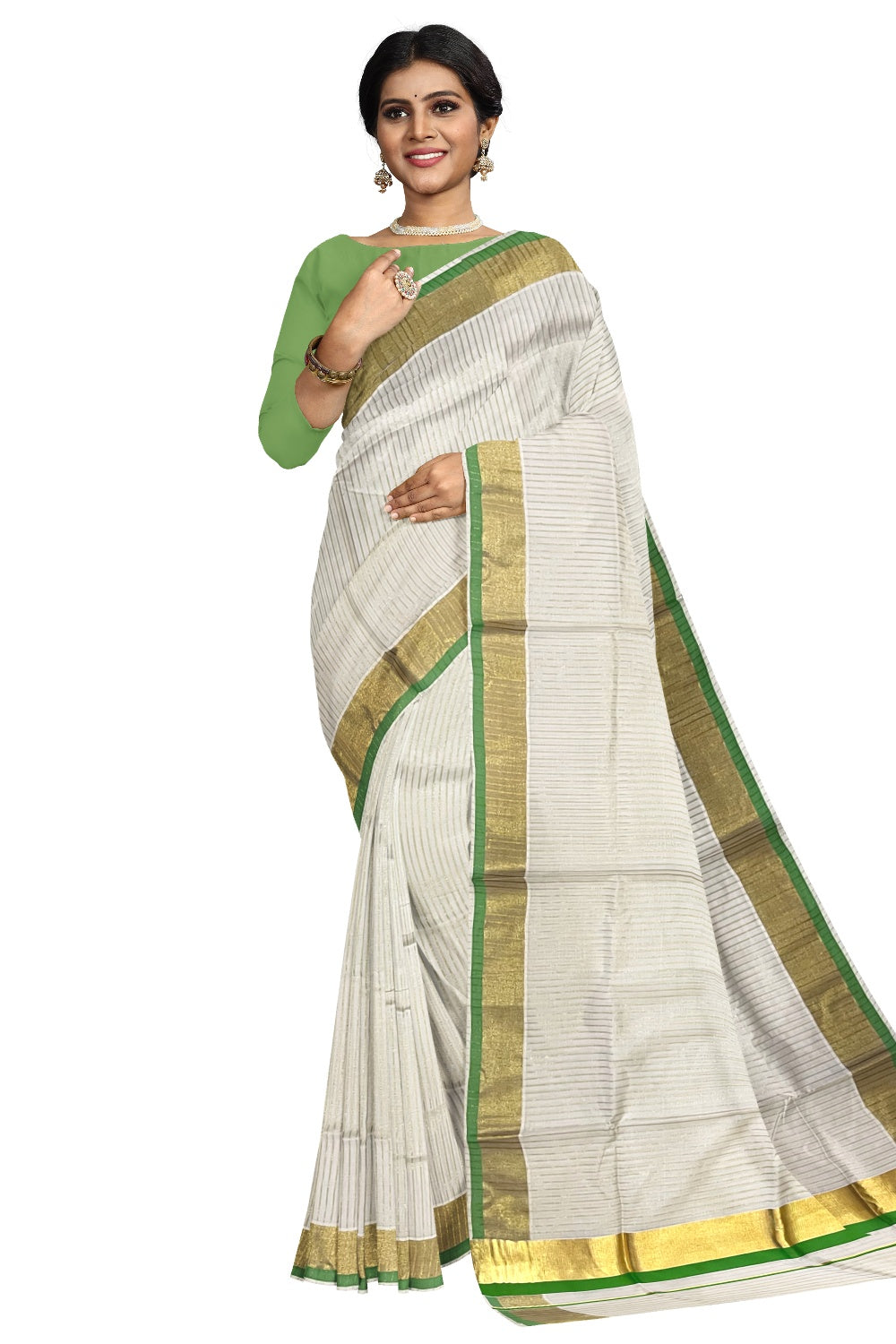 Pure Cotton Kerala Kasavu Lines Design Saree with Light Green Border and Tassels Work (Onam Saree 2023)