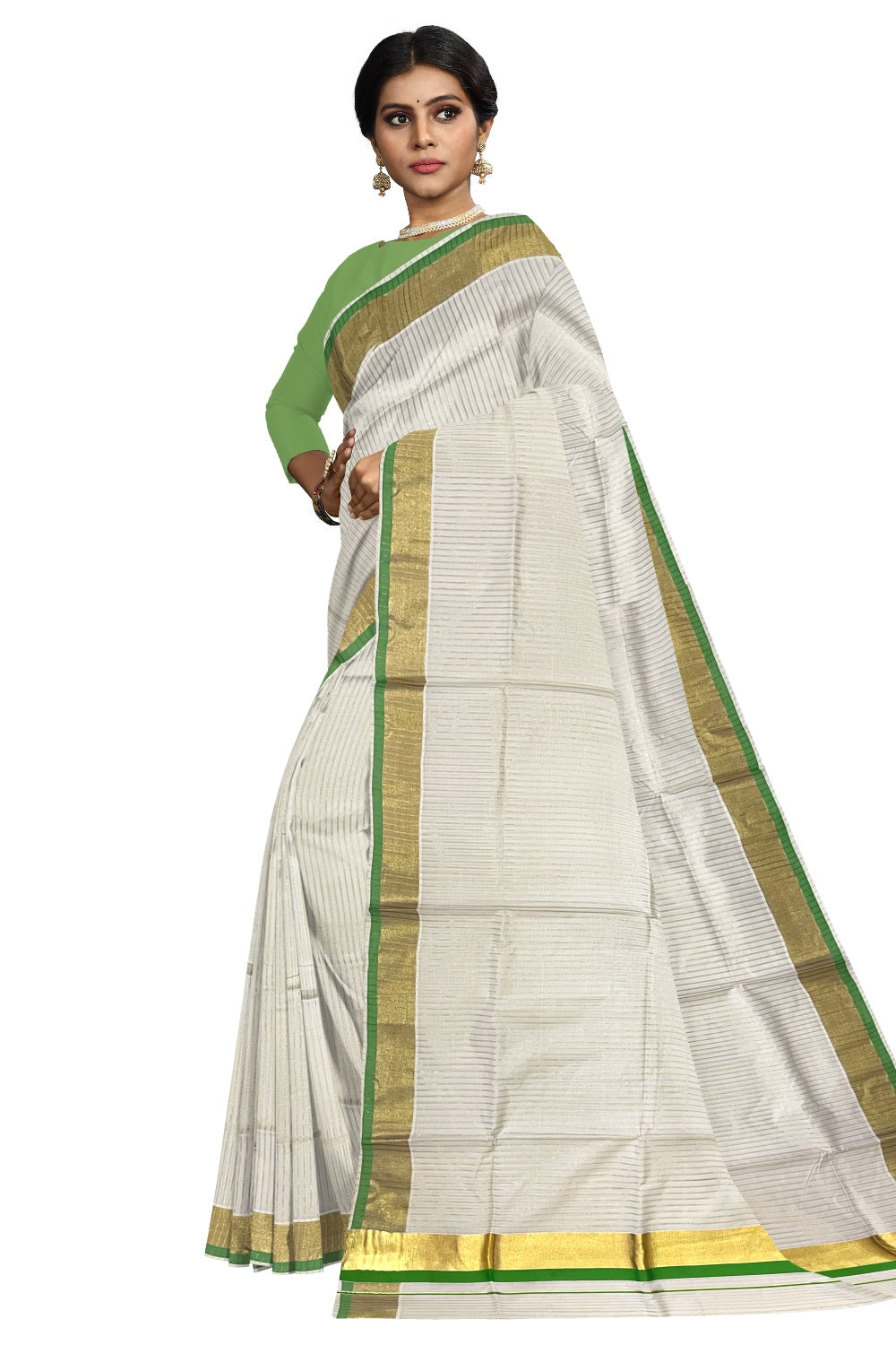 Pure Cotton Kerala Kasavu Lines Design Saree with Light Green Border and Tassels Work (Onam Saree 2023)