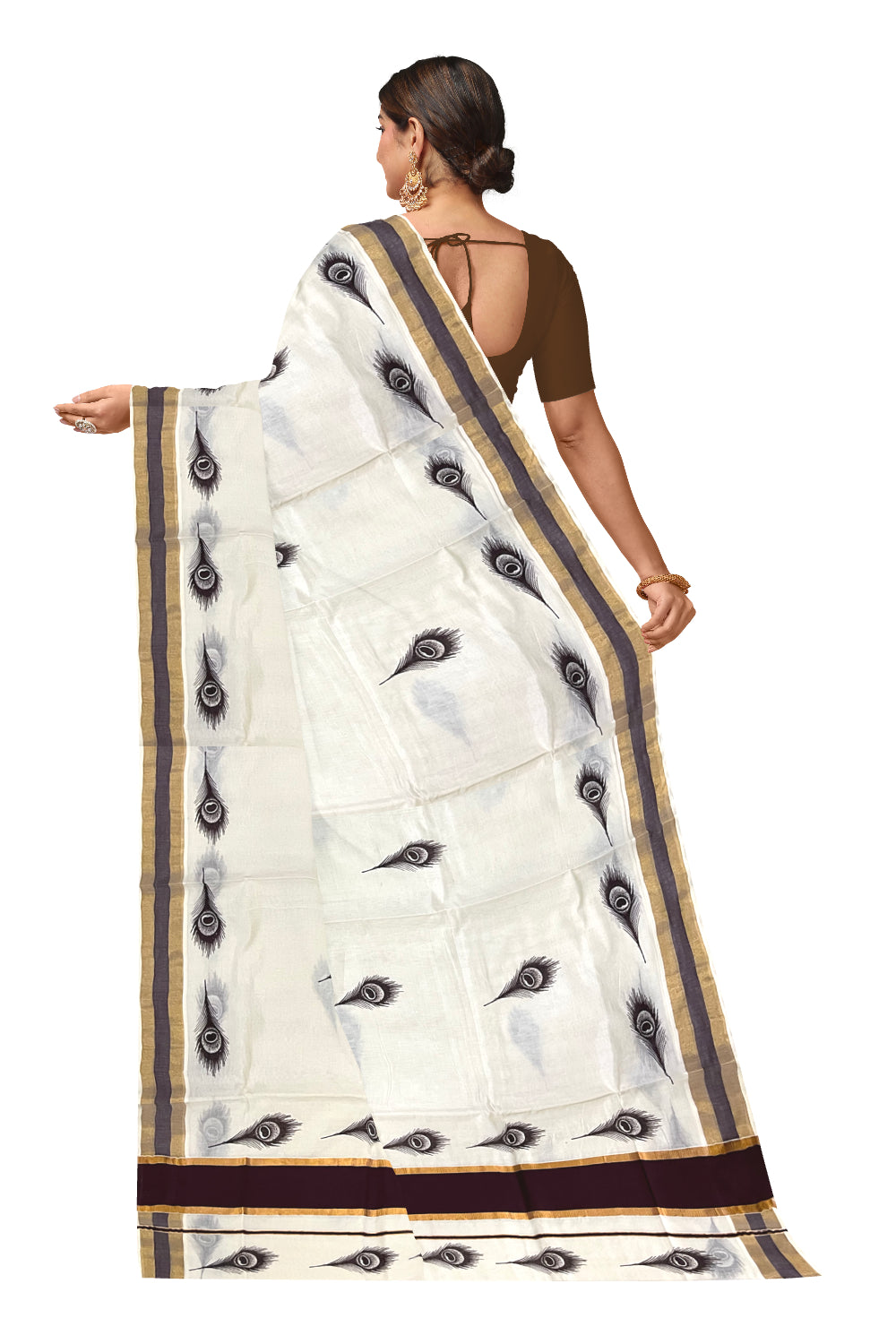 Pure Cotton Kerala Saree with Brown Feather Block Printed Kasavu Border