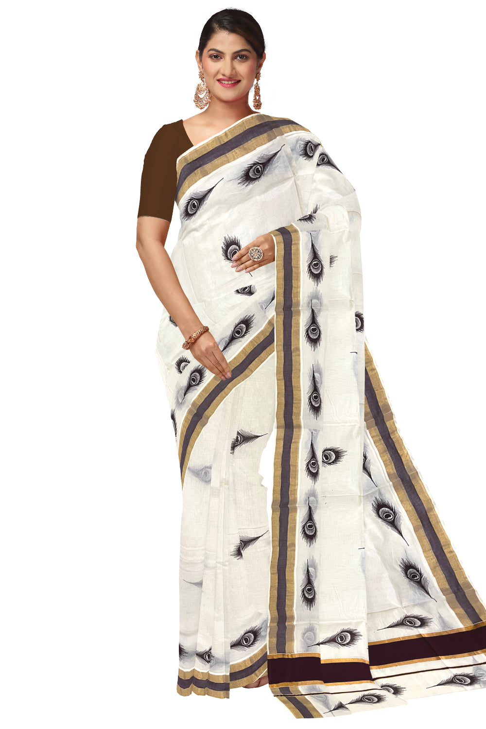 Pure Cotton Kerala Saree with Brown Feather Block Printed Kasavu Border