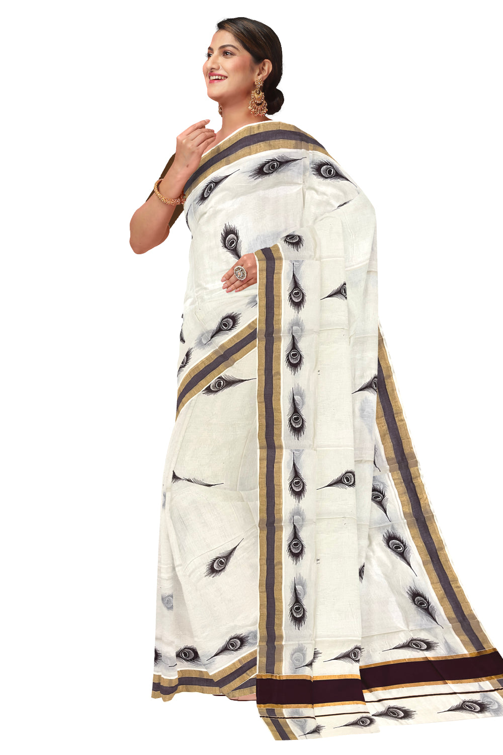 Pure Cotton Kerala Saree with Brown Feather Block Printed Kasavu Border