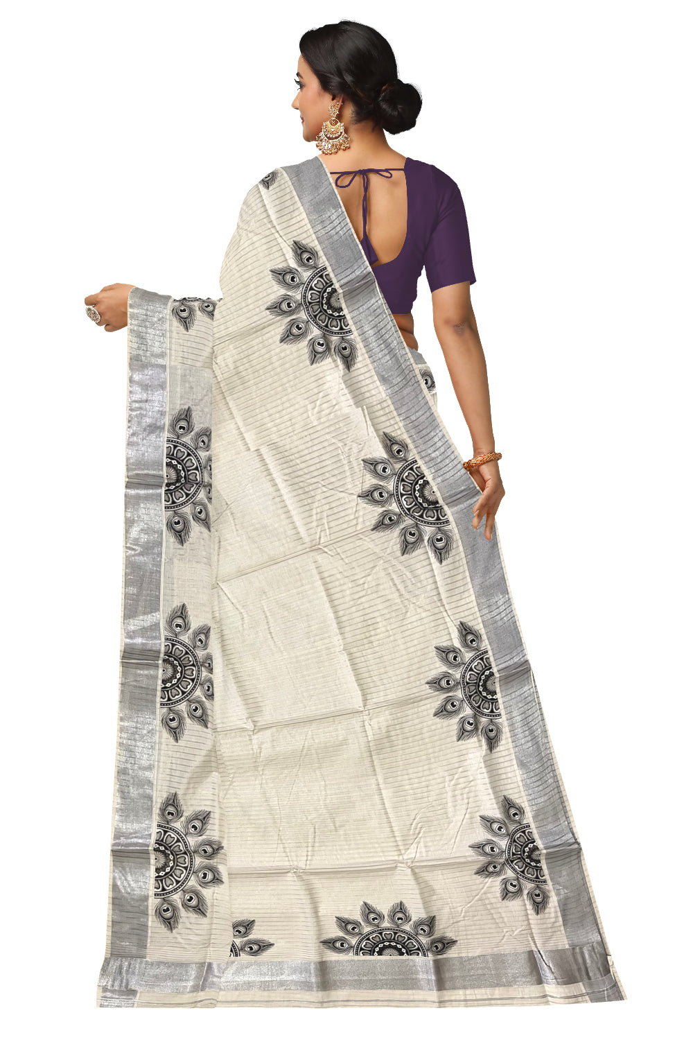 Pure Cotton Kerala Silver Kasavu Lines Design Saree with Semi Circle Feather Mural Prints (Onam Saree 2023)