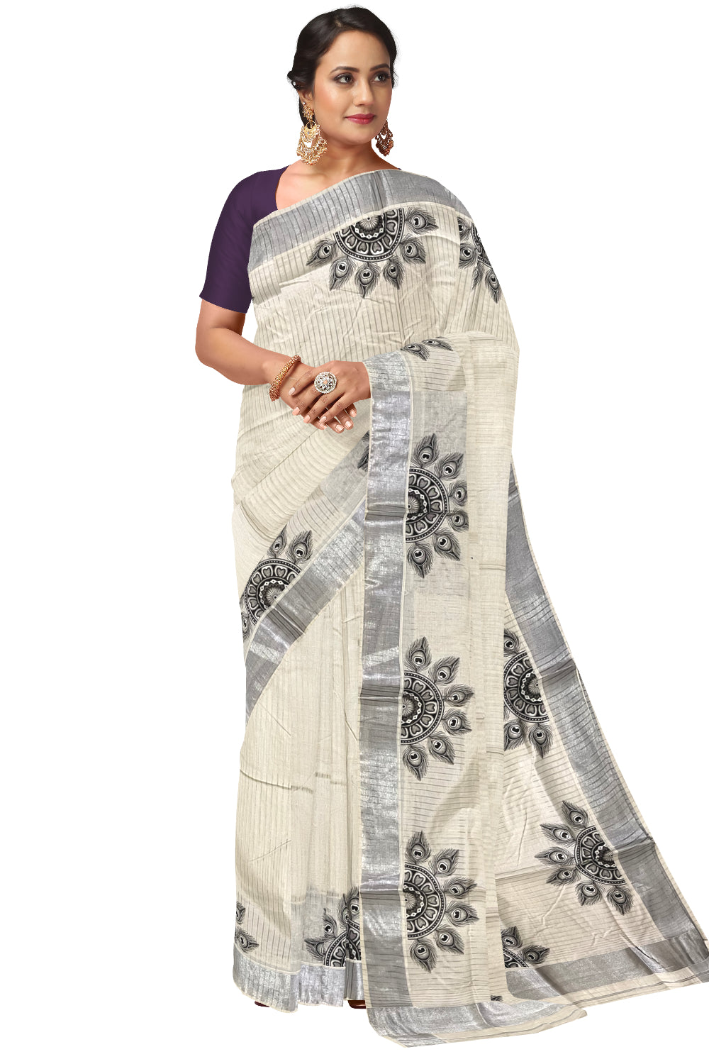 Pure Cotton Kerala Silver Kasavu Lines Design Saree with Semi Circle Feather Mural Prints (Onam Saree 2023)