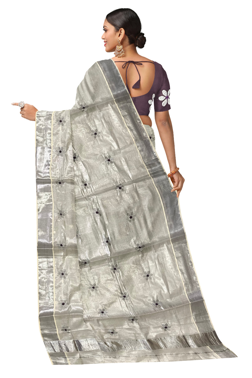 Kerala Silver Tissue Kasavu Saree with Floral Embroidery Works on Body and Purple Blouse Piece