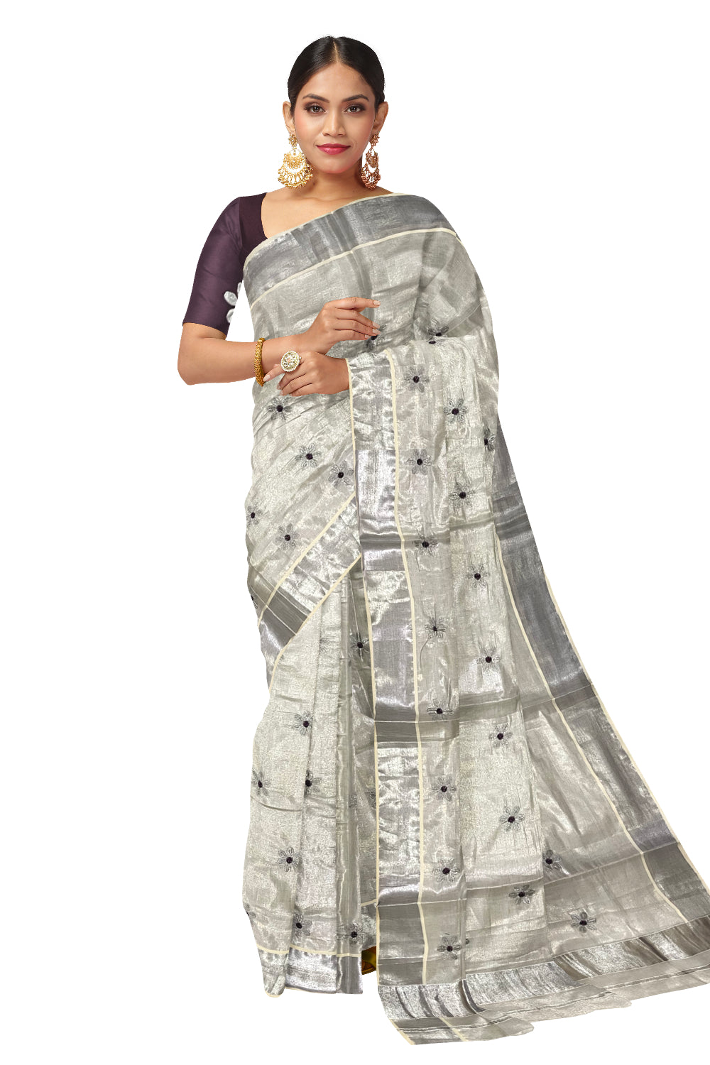 Kerala Silver Tissue Kasavu Saree with Floral Embroidery Works on Body and Purple Blouse Piece