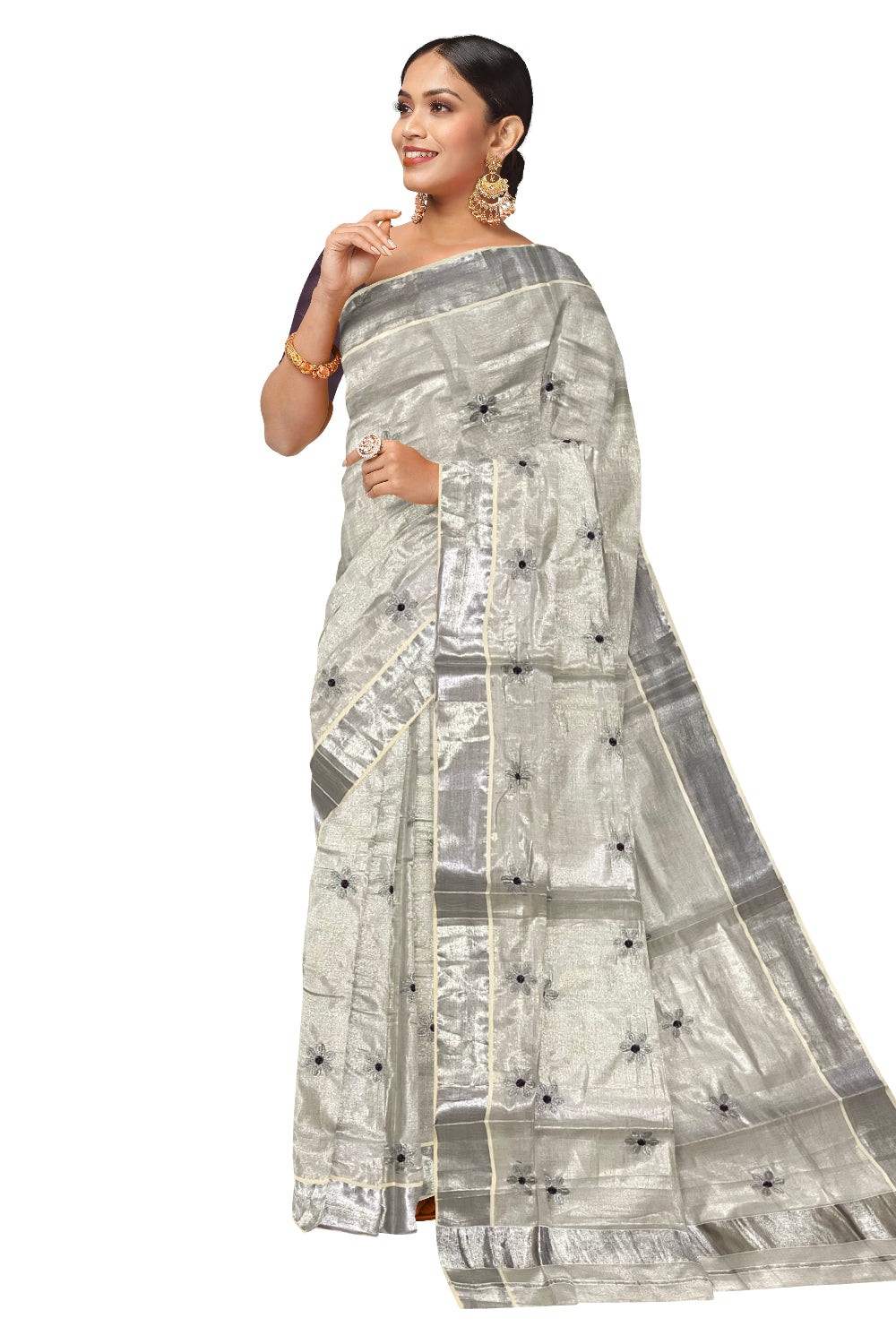 Kerala Silver Tissue Kasavu Saree with Floral Embroidery Works on Body and Purple Blouse Piece