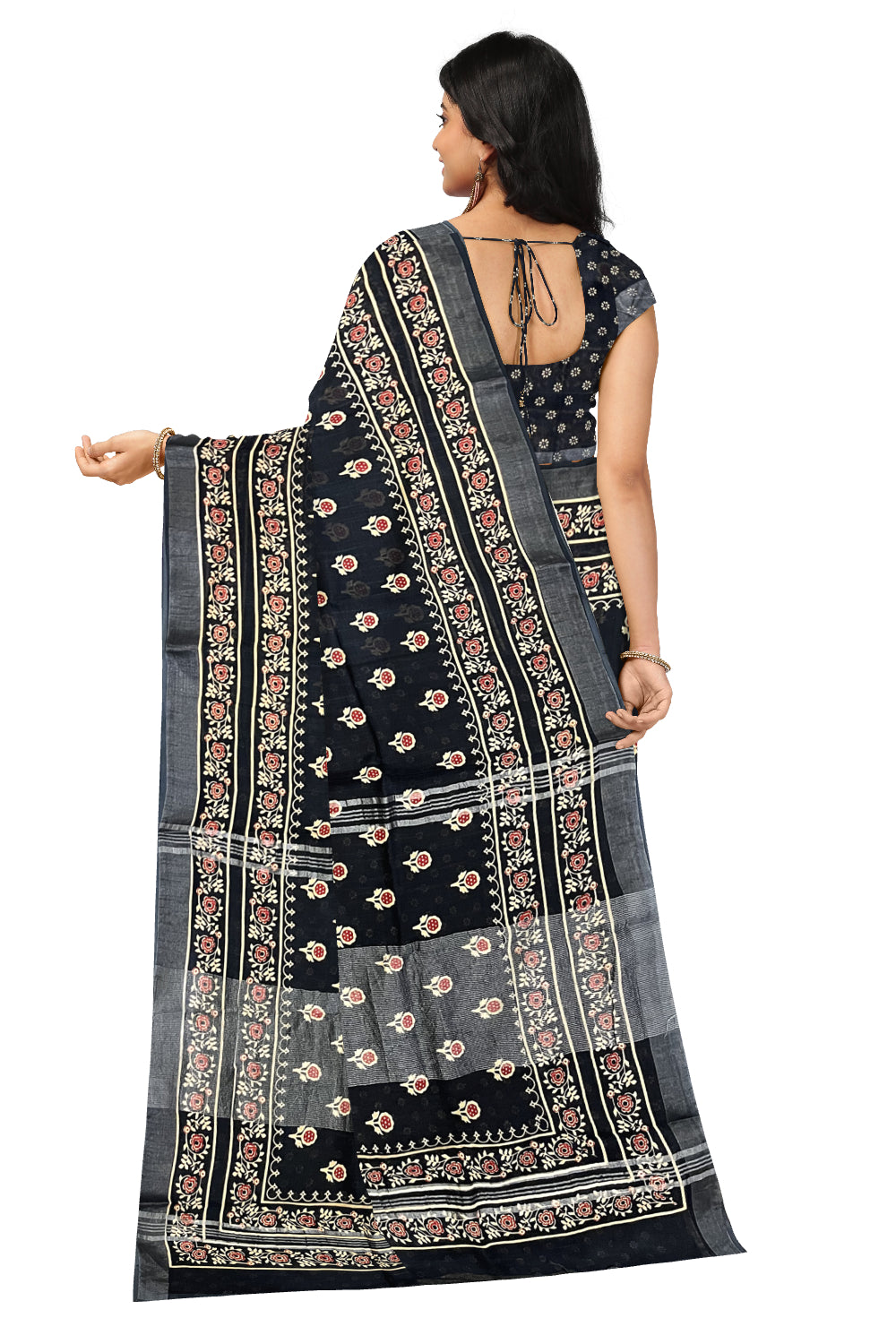 Southloom Linen Black Designer Saree with Floral Prints on Body