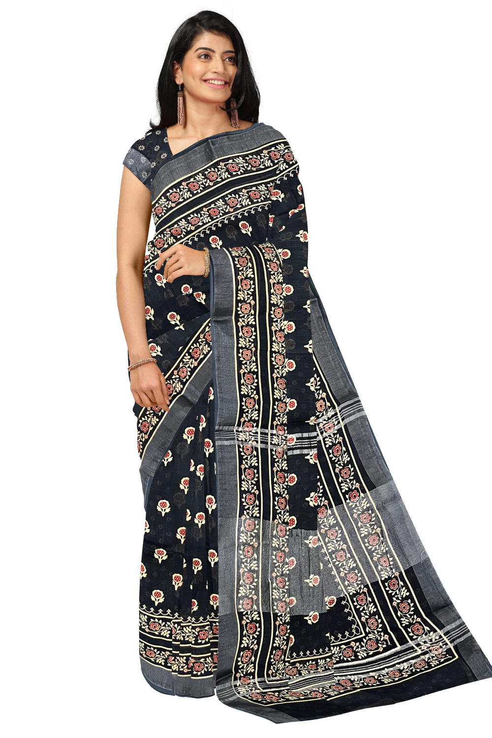 Southloom Linen Black Designer Saree with Floral Prints on Body